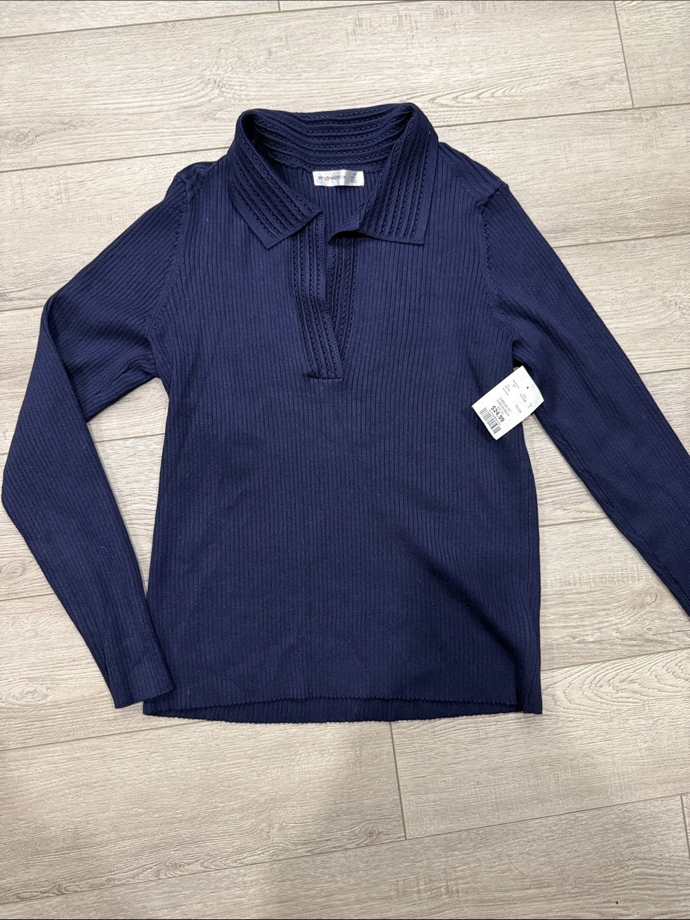 Navy Ribbed Collared Long-Sleeve Sweater